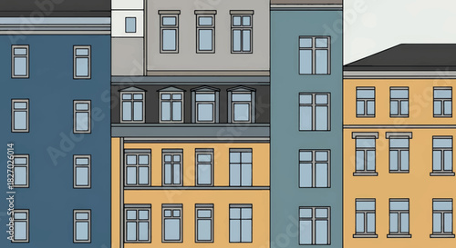 Urban housing and city building facades. Minimalist flat design vector illustration. Cityscape background for real estate and architecture concepts