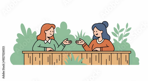 Two neighbors talking over a backyard fence. A vector illustration of women in conversation. Simple cartoon graphic about community and friendship.