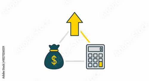 Financial growth and budgeting concept icon. Flat vector illustration of a money bag and calculator leading to an upward arrow. Simple infographic for investment and profit analysis