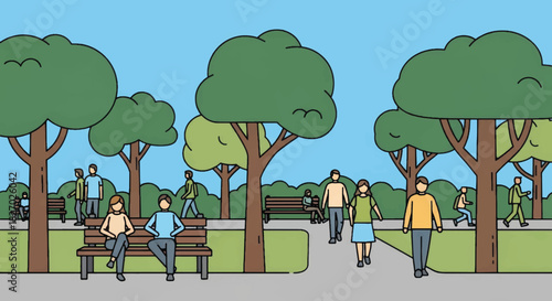 Vector illustration of people in a public park. Characters walking and relaxing in an urban green space. Flat design scene for community and outdoor lifestyle concepts.