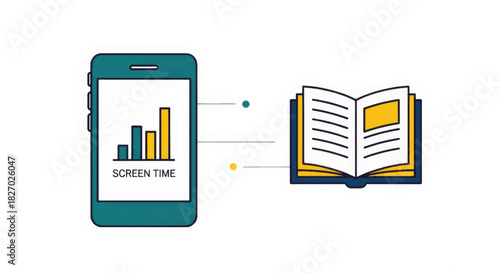 Illustration comparing smartphone screen time with reading a book. Digital hygiene and technology balance concept. Minimalist flat vector graphic for infographics