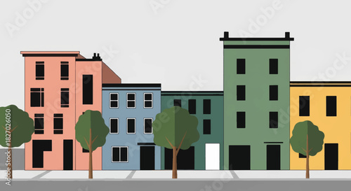 Colorful city street with urban buildings and trees. Minimalist flat design vector illustration of a neighborhood scene.