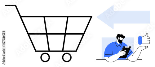 Shopping cart design alongside a person using a tablet and approving with a thumbs-up. Ideal for e-commerce, feedback, user-experience, approval, sales, retail, client interaction, simple flat