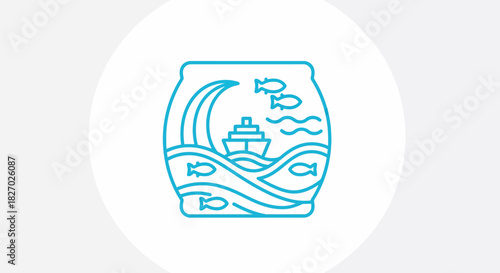 Aquarium Scene with Ship and Fish in Stylized Waves.