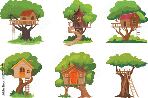 Cartoon treehouse vector set, cute wooden huts on trees, forest home collection, kids playground illustration