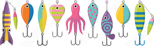 Set of colorful fishing lures, flat cartoon bait icons, angling tackle collection, fish hook illustration