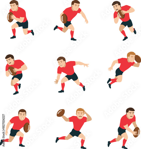Rugby player vector set, cartoon athlete character collection, man playing sports, football illustration poses