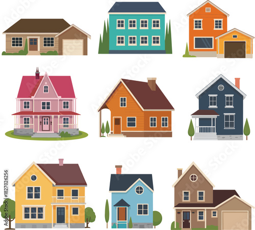 Vector set of residential houses, flat cartoon home collection, suburban building exterior icons, architecture illustration