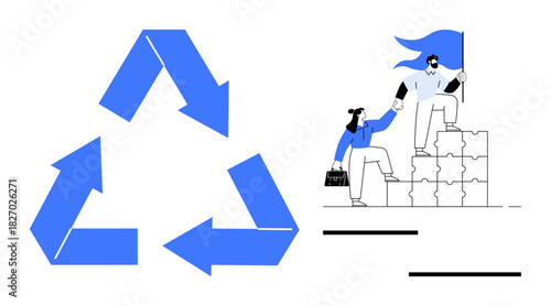 Blue recycling arrows next to two people collaborating on puzzle steps, supporting sustainable practices. Ideal for teamwork, sustainability, collaboration, leadership, environmental care, circular