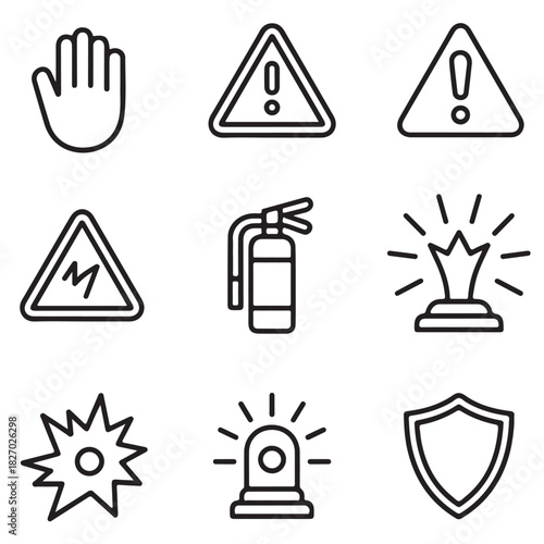 Workplace Safety Icon Collection — Electrical Hazard, Explosion, Fire Extinguisher and Protection Shield
