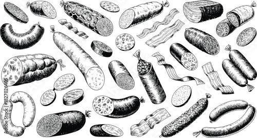 Vintage sketch collection of meat sausages salami and bacon vector illustration isolated on white background.