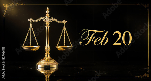 Elegant golden scales of justice reminder on February 20th, perfect for law firms, legal blogs, and event promotions that demand attention and convey trustworthiness