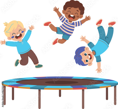 Happy diverse kids jumping and playing on blue trampoline isolated on white background vector illustration.