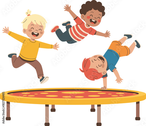 Three happy cartoon kids jumping and playing on a yellow trampoline isolated on white background.