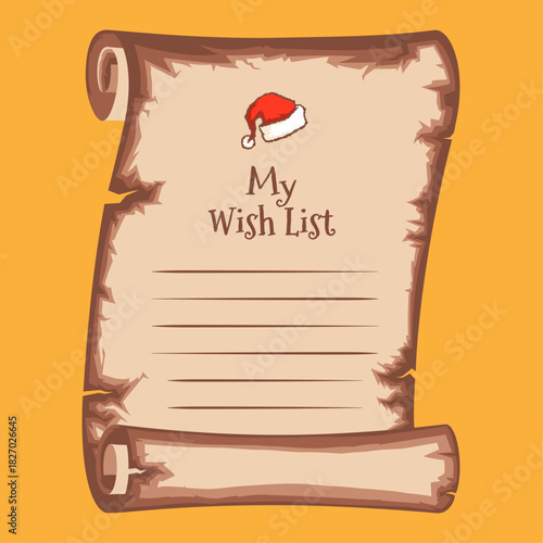 Christmas letter template with a wish list on vintage parchment with a Santa hat