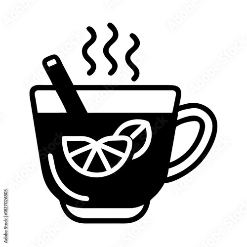 Hot drink mug with lemon slice and cinnamon stick icon icon