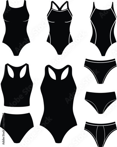 Collection of black swimsuits and bikinis in different styles and shapes