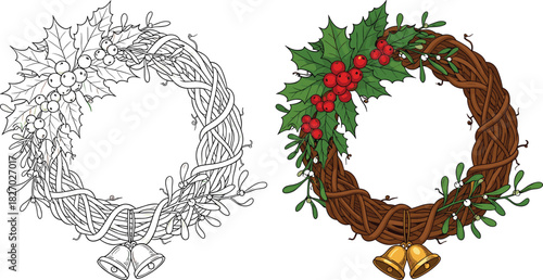 Rustic Christmas Wreath Illustration Set Coloring Page Outline and Full Color Styles Woven Branch Holly Berries Mistletoe and Bells Vector Graphic Design Template