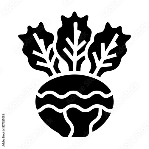 Minimalist black icon representing a beet root vegetable with leaves icon