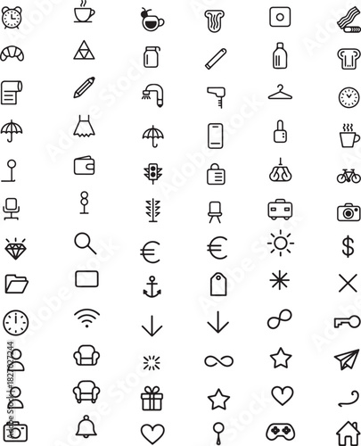 Set of Minimalist Line Icons, Various Everyday Objects and Symbols