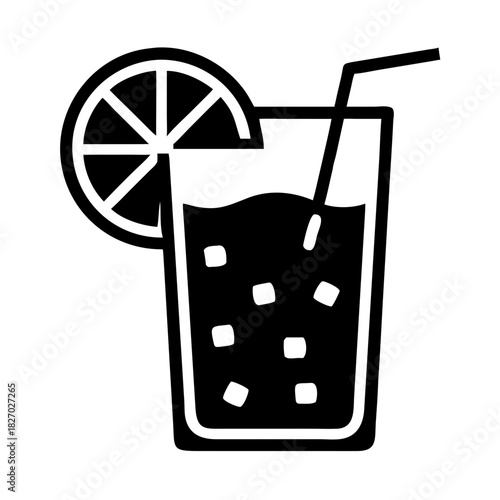 Refreshing drink with lemon slice and ice cubes in a glass with a straw icon