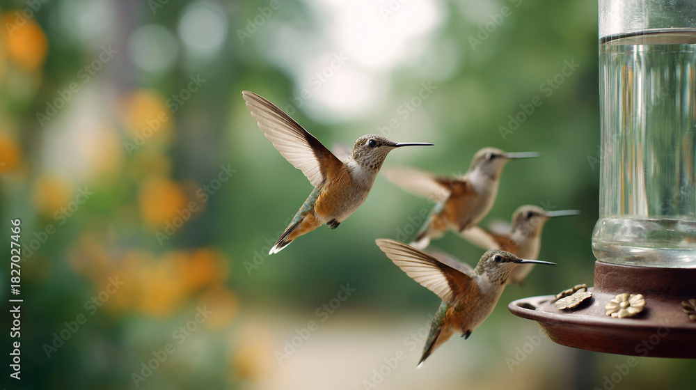 Fototapeta premium Hummingbirds gathering around feeder, wings flapping, feeding in natural garden environment, vibrant wildlife scene