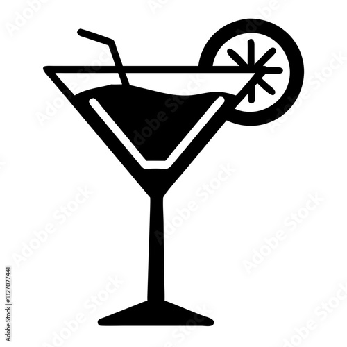 Cocktail glass icon with straw and lemon slice, refreshing drink icon