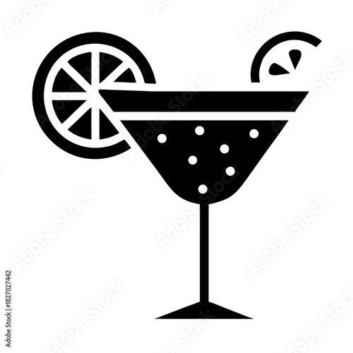 Minimalist black and white cocktail glass with lemon garnish icon icon