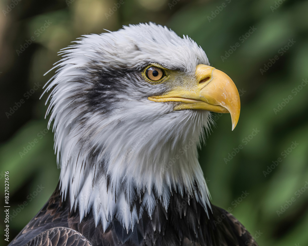 Obraz premium Majestic bald eagle portrait showcasing sharp focus and intricate feather details conveying power and freedom for impactful patriotic symbolism
