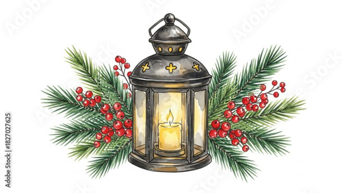 Elegant Christmas lantern with glowing candle and vibrant red berries nestled among lush green pine boughs bringing warmth and holiday cheer