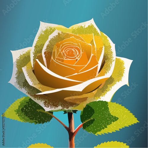 Beautiful vector illustration of a vibrant yellow rose flower with green leaves, nature concept