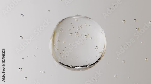 Oxygen bubbles merge into one sphere. Cell fusion, collagen synthesis or formula stabilization. Skin recovery and repair concept. hydrating skincare ads, mineral water or hyaluronic acid.