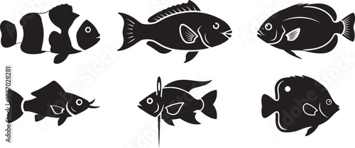 Collection of fish icons in black and white isolated on white