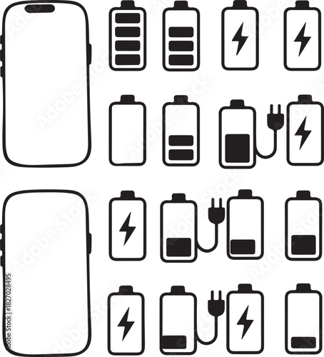 Battery and Phone Icons Set, Line Art for Charging Status and Power Levels