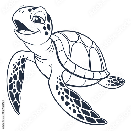 Cute Smiling Sea Turtle Outline on White Background Design