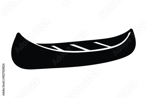 Simple black silhouette drawing of a classic canoe on a white background