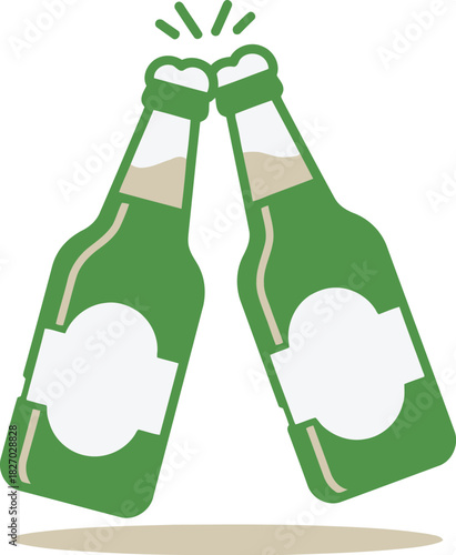 Two green beer bottles clinking in a toast, celebrating a happy moment, isolated on white background