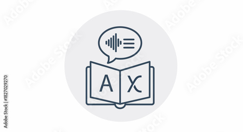 Open book with speech bubble and sound waves symbolizing translation.