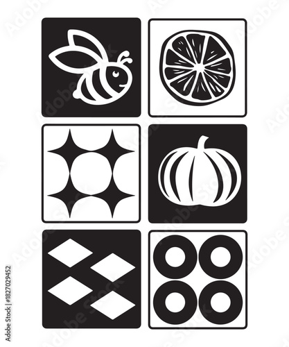 Minimalist Monochrome Icon Collection with Simple Line Art of Lemon, Pumpkin, Honey Bee, and Abstract Diamond Patterns, Perfect for Newborn Sensory Development Resources