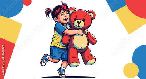 A joyful child embraces a large red teddy bear with a happy expression on their face.