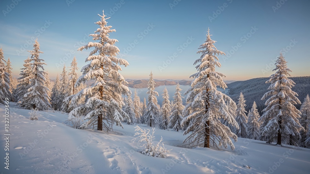 Fototapeta premium Snow-covered trees in a winter landscape with snow on the ground and distant mountains.