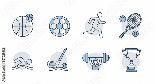Set of sports icons with various athletic activities and equipment.
