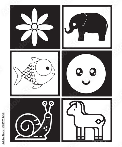 Set of farm animals, Minimalist Monochrome Graphic Collection Featuring Elephant, Fish, Snail, Horse, Flower, and Cute Smiling Circle Icon, Perfect for Newborn Sensory Development Resources.