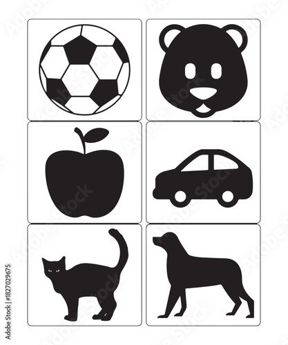 Animal icons set, Simple Monochrome Graphic Collection Featuring Soccer Ball, Cute Bear Head, Apple Silhouette, Car, Cat, and Dog Icons for Early Childhood Education Materials.
