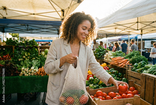 Mixed race woman holding reusable bag shopping for fresh red tomatoes at sunny outdoor farmers market