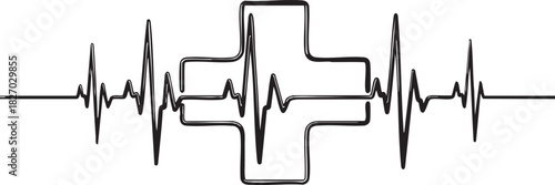 Health and Medical Graphic Heartbeat with First Aid Cross Symbol on White Background