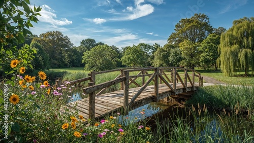 Fototapeta Naklejka Na Ścianę i Meble -  A wooden bridge over water in a lush park with trees and colorful flowers, under a bright blue sky.