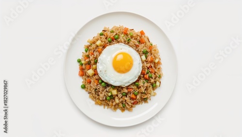 Fried rice with vegetables and a sunny-side-up egg on top, served on a white plate.