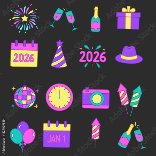 Happy New Year 2026 Party Icon Set. Colorful Retro Wave Neo Cartoon Sticker Collection with Fireworks, Calendar, Champagne, and Disco Ball Vector Illustration.