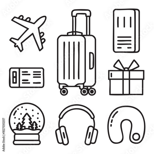 Collection of travel and leisure icons including airplane suitcase ticket gift snow globe headphones and neck pillow